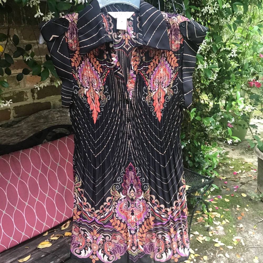 Allison Taylor- BLACK PRINT PLEATED DRESS LONG TOP- Size Medium- EUC